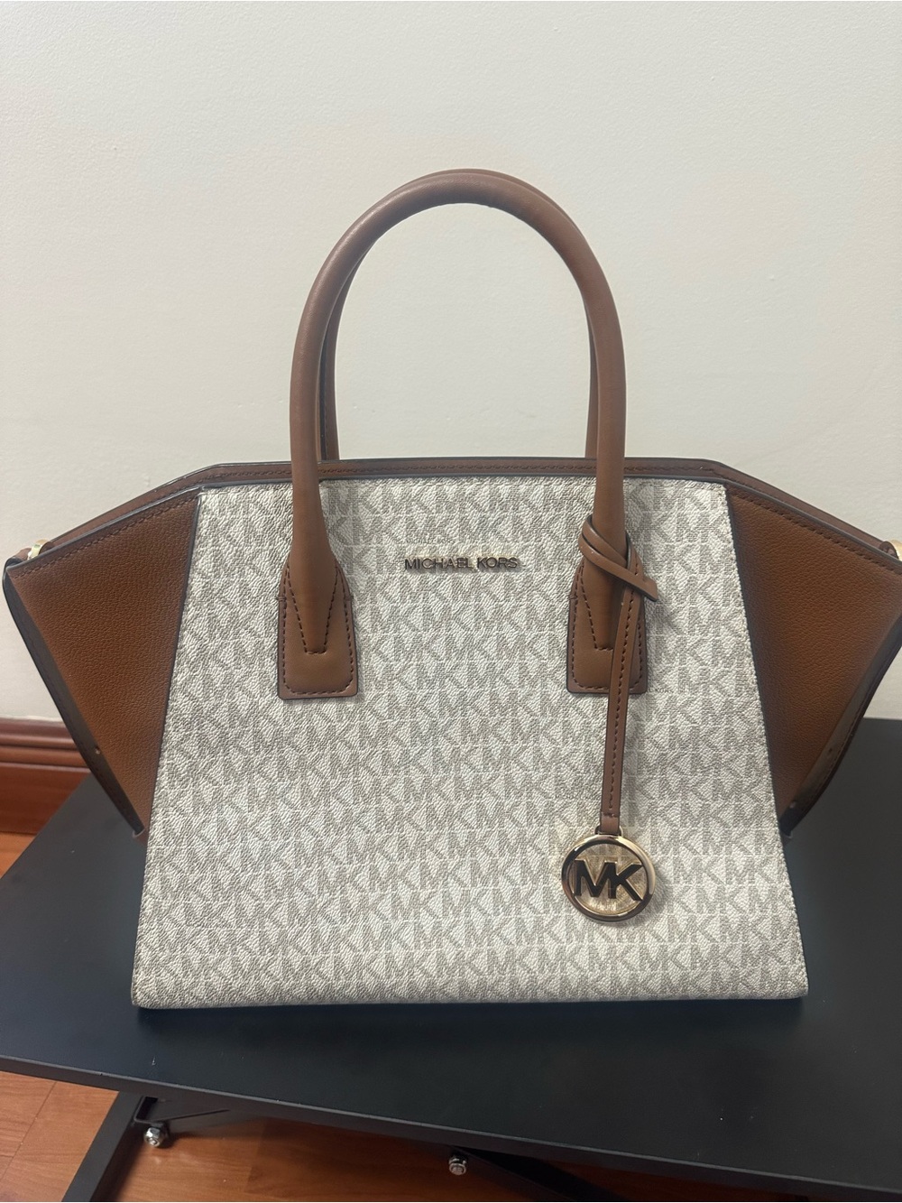Michael Kors Vanilla and Brown Logo Satchel